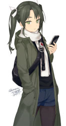 Rule 34 | 10s, 1girl, alternate costume, artist name, cellphone, coat, dated, fashion, green eyes, green hair, hair ribbon, hand in pocket, kantai collection, long hair, looking at viewer, matching hair/eyes, pantyhose, pantyhose under shorts, phone, ribbon, rokuwata tomoe, shorts, signature, simple background, smartphone, solo, standing, trench coat, twintails, twitter username, white background, winter clothes, zuikaku (kancolle)