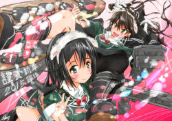 Rule 34 | 10s, 2girls, asymmetrical clothes, black eyes, black hair, brown hair, chikuma (kancolle), kantai collection, long hair, looking at another, looking at viewer, mecha musume, multiple girls, ootsuka kecchi, pelvic curtain, remodel (kantai collection), side slit, single glove, single thighhigh, skirt, skirt set, smile, thighhighs, tone (kancolle), twintails
