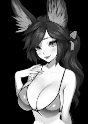 Rule 34 | 1girl, absurdres, animal ear fluff, animal ears, arm behind back, artist name, bikini, body markings, bow, brassica, breasts, cleavage, collarbone, commentary, commission, english commentary, fingernails, freckles, greyscale, hair bow, highres, large breasts, lips, long hair, monochrome, original, sharp fingernails, solo, swimsuit, thick eyelashes, upper body