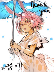 Rule 34 | 1girl, animal ears, blush, breasts, broken, broken chain, chain, cuffs, dated, dress, hair between eyes, highres, holding, holding umbrella, medium breasts, open mouth, original, pink hair, rabbit ears, rabbit girl, rabbit tail, red eyes, short sleeves, simple background, solo, tail, thank you, torn clothes, torn dress, torn umbrella, umbrella, white background, white dress, white umbrella, yuuji (yukimimi)