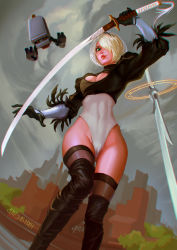 Rule 34 | 1girl, absurdres, black footwear, black hairband, blue eyes, boots, breasts, cameltoe, cleavage, cleavage cutout, clothing cutout, depth of field, feather-trimmed sleeves, floating sword, floating weapon, from below, hair over one eye, hairband, he xiao heng, highleg, highleg leotard, highres, holding, holding sword, holding weapon, juliet sleeves, large breasts, leotard, long sleeves, mole, mole under mouth, nier (series), nier:automata, no blindfold, pink lips, pod (nier:automata), puffy sleeves, silver hair, soft focus, solo, sword, thighhighs, thighhighs under boots, vambraces, weapon, weapon on back, white leotard, 2b (nier:automata)