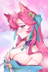 Rule 34 | 1girl, absurdres, ahri (league of legends), animal ears, bare shoulders, bell, blush, bow, breasts, cleavage, closed mouth, fox ears, fox girl, from side, green bow, green ribbon, hair bell, hair between eyes, hair bow, hair ornament, hand up, highres, large breasts, league of legends, long hair, neck ribbon, petals, pink background, pink hair, ribbon, solo, spirit blossom ahri, xi ye (xiyexiexie)