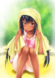 Rule 34 | black hair, blush, brown eyes, casual one-piece swimsuit, hair between eyes, k-on!, knees together feet apart, long hair, nakano azusa, one-piece swimsuit, pink one-piece swimsuit, solo, swimsuit, tan, tanline, tears, towel, twintails, un4lord, very long hair