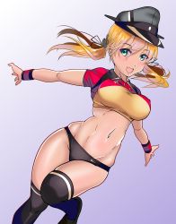 Rule 34 | 1girl, aiuti, alternate costume, anchor hair ornament, aqua eyes, black thighhighs, blonde hair, buruma, cowboy shot, crop top, gradient background, grey background, grey hat, hair ornament, hat, highres, kantai collection, logo, low twintails, midriff, multicolored clothes, navel, nike (company), outstretched arms, peaked cap, prinz eugen, prinz eugen (kancolle), smile, solo, sports bikini, thighhighs, track and field, twintails, wristband