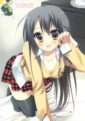 Rule 34 | 1girl, :d, absurdres, black hair, black thighhighs, blush, highres, long hair, open mouth, original, paw pose, plaid, plaid skirt, scan, sesena yau, skirt, smile, solo, thighhighs, translation request, yellow eyes
