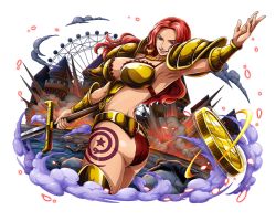 Rule 34 | 1girl, armor, armored boots, ass, baccarat (one piece), bodskih, boots, coin, curvy, green eyes, hip focus, long hair, official art, one piece, one piece film: gold, one piece treasure cruise, open mouth, red hair, solo, sword, tattoo, teeth, thick thighs, thighs, transparent background, weapon, wide hips