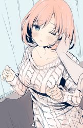 Rule 34 | 1girl, :o, blue eyes, blush, collarbone, curtains, dress, hands up, highres, indoors, looking at viewer, medium hair, one eye closed, open mouth, orange hair, original, parted lips, solo, standing, sweater, sweater dress, yu yu