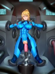Rule 34 | 1girl, abs, blonde hair, blue eyes, blush, bodysuit, breasts, clenched teeth, clitoris, clothed sex, covered erect nipples, covered navel, crotch cutout, dildo, highres, large breasts, metroid, nintendo, nisetanaka, object insertion, ponytail, pussy, restrained, samus aran, sex, sex machine, sex toy, skin tight, solo, spiked dildo, spread legs, teeth, toned, torn clothes, uncensored, vaginal, vaginal object insertion, zero suit