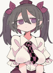Rule 34 | 1girl, blush, breasts, brown hair, checkered necktie, closed mouth, collared shirt, hair between eyes, hat, himekaidou hatate, large breasts, long hair, massakasama, necktie, pointy ears, purple eyes, purple hat, shirt, short sleeves, simple background, solo, tokin hat, touhou, twintails, upper body, white background, white shirt