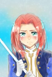 Rule 34 | 1girl, aqua eyes, blush, dress, eleanor hume, gloves, hair ornament, highres, jacket, long hair, polearm, red hair, spear, tales of (series), tales of berseria, tears, twintails, weapon