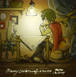 Rule 34 | 00s, 1girl, androgynous, animal, artist request, chair, christmas, curtains, dated, dog, gift, hat, holiday, kino (kino no tabi), kino no tabi, picture frame, santa hat, short hair, solo, table, tagme