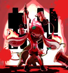 Rule 34 | 1girl, bad id, bad pixiv id, bike shorts, bomb, bulbasaur, creatures (company), explosive, fire, game freak, gen 1 pokemon, holding, holding weapon, inkling, inkling girl, inkling player character, long hair, looking at viewer, maruino, mask, mouth mask, nintendo, paint splatter, pokemon, pokemon (creature), red eyes, red hair, shirt, shoes, solo, splatoon (series), splatoon 1, standing, t-shirt, tentacle hair, weapon