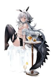 Rule 34 | 1girl, adapted costume, ahoge, alcohol, animal ears, arknights, black bra, blush, bra, breasts, charo (morphodrake), commentary, crocodilian tail, cup, drink, extra ears, fake animal ears, flower, grey hair, hair intakes, highres, knees up, long hair, looking at viewer, pointy ears, rabbit ears, sitting, small breasts, solo, table, tail, thighhighs, tomimi (arknights), tongue, tongue out, torn clothes, torn thighhighs, underwear, white flower, yellow eyes