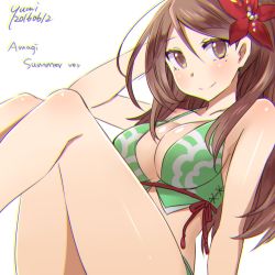 Rule 34 | 10s, 1girl, 2016, adapted costume, alternate costume, amagi (kancolle), arm support, bare shoulders, bikini, breasts, brown eyes, brown hair, character name, chromatic aberration, cleavage, collarbone, dated, flower, green bikini, hair between eyes, hair flower, hair ornament, highres, kantai collection, large breasts, long hair, mole, mole under eye, ponytail, signature, simple background, sitting, smile, solo, swimsuit, thighs, yumi yumi
