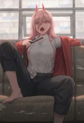 Rule 34 | + +, 1girl, absurdres, barefoot, black necktie, black pants, breasts, broken window, chainsaw man, collared shirt, commentary, couch, cross-shaped pupils, demon horns, dress shirt, english commentary, fangs, free style (yohan1754), hair between eyes, highres, horns, indoors, jacket, knee up, long hair, looking at viewer, loose necktie, medium breasts, necktie, open clothes, open jacket, open mouth, pants, pink hair, power (chainsaw man), red eyes, red jacket, sharp teeth, shirt, sitting, solo, straight hair, symbol-shaped pupils, teeth, white shirt, window, wing collar