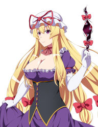 Rule 34 | 1girl, absurdres, blonde hair, bow, breasts, cleavage, commentary request, corset, dress, elbow gloves, gap (touhou), gloves, hair between eyes, hair bow, hat, highres, kyoukyan, large breasts, long hair, mob cap, puffy short sleeves, puffy sleeves, purple dress, purple eyes, red bow, short sleeves, simple background, smile, solo, touhou, very long hair, white background, white gloves, yakumo yukari
