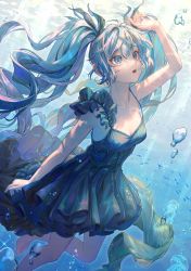 Rule 34 | 1girl, :o, air bubble, arm at side, arm up, barefoot, black dress, blue eyes, blue hair, blue theme, breasts, bubble, cleavage, collarbone, curly hair, dress, eyebrows hidden by hair, foot out of frame, hair between eyes, hair tie, hatsune miku, highres, layered dress, light rays, long hair, looking up, medium breasts, open mouth, shading eyes, shoal, sleeveless, sleeveless dress, solo, sunlight, tamaki (tamaki599), twintails, underwater, very long hair, vocaloid