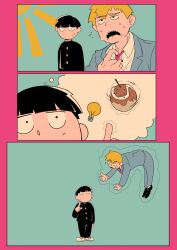 Rule 34 | 2boys, 3koma, adjusting clothes, adjusting necktie, animated, animated gif, black hair, blonde hair, blunt bangs, bowl cut, collared shirt, comic, cutystuffy, floating, food, formal, gakuran, grey suit, highres, kageyama shigeo, levitation, light bulb, long sleeves, looking at another, male focus, mob psycho 100, multiple boys, necktie, open mouth, psychic, reigen arataka, school uniform, shirt, short hair, silent comic, simple background, spinning, standing, suit, sun, sweat, takoyaki, telekinesis, thought bubble