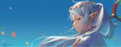 Rule 34 | 1girl, blue sky, closed mouth, commentary, dated, earrings, elf, expressionless, falling petals, frieren, green eyes, head wreath, highres, holding, holding staff, jewelry, jiong-zi, long hair, looking at viewer, petals, pointy ears, sky, solo, sousou no frieren, staff, twintails, upper body, white hair