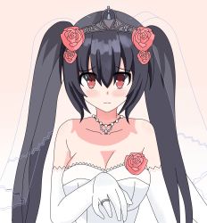 Rule 34 | bare shoulders, black hair, breasts, bride, cleavage, dress, flower, frown, gloves, highres, jewelry, leafy bow, long hair, medium breasts, necklace, neptune (series), nervous, noire (neptunia), red eyes, ring, rose, tsundere, twintails, upper body, vail, very long hair, wedding dress, wedding ring