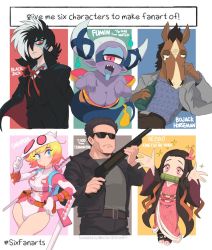 Rule 34 | 3boys, 3girls, arms up, belt, black eyes, black hair, black jack (character), black jack (series), blonde hair, blue eyes, blue tongue, blush, blush stickers, bojack horseman, bojack horseman (series), bottle, breasts, brown hair, character name, cleavage, closed mouth, colored tongue, copyright name, crossover, cyclops, english text, fuumin (youkai watch), gashi-gashi, ghost, gun, gwen stacy, gwenpool, holding, holding bottle, holding gun, holding weapon, horse, japanese clothes, kamado nezuko, katana, kimetsu no yaiba, kimono, looking up, marvel, multicolored hair, multiple boys, multiple crossover, multiple drawing challenge, multiple girls, one-eyed, open mouth, parted lips, pink eyes, pointy ears, pouch, red eyes, red neckwear, red ribbon, ribbon, scabbard, sharp teeth, sheath, short hair, shotgun, six fanarts challenge, slit pupils, sparkle, split-color hair, standing, sunglasses, sword, t-800, tearing up, teeth, terminator (series), the terminator, tongue, tongue out, twitter username, upper teeth only, weapon, weapon on back, white hair, youkai watch