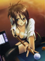 Rule 34 | 1girl, absurdres, ball, billiard ball, billiards, black thighhighs, breasts, brown eyes, brown hair, cleavage, cue stick, downblouse, dutch angle, fingernails, garter straps, highres, light smile, lipstick, looking at viewer, makeup, masaharu, original, outstretched arm, pencil skirt, screen, short hair, skindentation, skirt, solo, thighhighs, zettai ryouiki