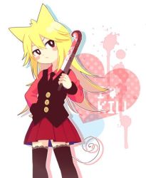 Rule 34 | 1girl, animal ears, bad id, bad pixiv id, black eyes, black jacket, black thighhighs, blonde hair, buttons, cat ears, closed mouth, frown, funamusea, hand on own hip, head tilt, heart, holding, holding knife, holding weapon, jacket, knife, lito (24281122), long hair, long sleeves, looking to the side, moge-ko, mogeko castle, red shirt, red skirt, shirt, simple background, skirt, solo, thighhighs, weapon, white background