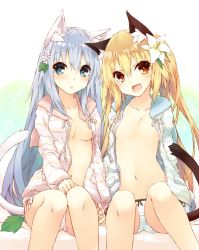 Rule 34 | 2girls, :d, animal ear fluff, animal ears, blonde hair, blue eyes, blue hair, breasts, cardigan, cat ears, cat tail, cleavage, collarbone, fang, flower, hair flower, hair ornament, highres, holding hands, interlocked fingers, lily (flower), long hair, looking at viewer, medium breasts, multiple girls, name connection, no bra, object namesake, open cardigan, open clothes, open mouth, orange eyes, original, panties, saeki thoma, saeki touma, sitting, small breasts, smile, striped clothes, striped panties, tail, twintails, underwear, very long hair, white flower, white panties