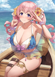 Rule 34 | 1girl, bare shoulders, bikini, blue bikini, blush, boat, bracelet, breasts, cleavage, closed mouth, collarbone, flower, hair flower, hair ornament, hands up, highres, jewelry, kannko bokujou, large breasts, long hair, looking at viewer, navel, outdoors, pink hair, princess connect!, purple eyes, sitting, smile, solo, swimsuit, thigh strap, thighlet, thighs, tsumugi (princess connect!), tsumugi (summer) (princess connect!), twintails, water, watercraft