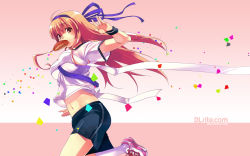 Rule 34 | 1girl, dille blood, dlsite.com, double vertical stripe, gym uniform, highres, midriff, mouth hold, refeia, ribbon, rumblefish, running, solo, wallpaper