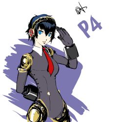 Rule 34 | 1girl, aegis (persona), aegis (persona) (cosplay), alternate costume, android, arm behind back, blue eyes, blue hair, bodysuit, breasts, cosplay, dh (brink of memories), gloves, hairband, headphones, joints, looking at viewer, mechanical parts, necktie, persona, persona 3, persona 4, red necktie, robot joints, salute, shirogane naoto, short hair, signature, simple background, smile, solo, white background