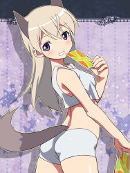 Rule 34 | 1girl, animal ears, bad id, bad pixiv id, blonde hair, blue eyes, card, eila ilmatar juutilainen, fox ears, fox tail, grin, holding, holding card, lingerie, long hair, silver hair, smile, solo, strike witches, tail, tonbi, underwear, world witches series
