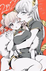 Rule 34 | 1boy, 1girl, 2022, amezawa koma, animal ears, braid, breasts, china dress, chinese clothes, chinese zodiac, claw pose, cleavage, cleavage cutout, clothing cutout, crown braid, dress, earrings, fang, fur scarf, grey dress, grey eyes, grey hair, hair bun, hetero, high collar, highres, hug, hug from behind, jewelry, kotoyoro, long hair, looking at viewer, medium breasts, muted color, new year, on lap, one eye closed, original, pink eyes, pink hair, short dress, short hair, sitting, stud earrings, tail, tiger ears, tiger tail, translated, twintails, twitter username, wristband, year of the tiger