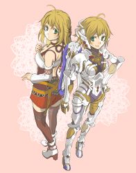 Rule 34 | 2girls, ahoge, blonde hair, cyborg, downblouse, dual persona, fiora (xenoblade), from above, from behind, green eyes, long hair, mecha-fiora, midriff, multiple girls, nintendo, pontaaaaa, short hair, shorts, spoilers, thighhighs, xenoblade chronicles 1, xenoblade chronicles (series)