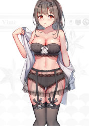 Rule 34 | 1girl, :o, absurdres, bad id, bad pixiv id, bandeau, bare shoulders, black bow, black bra, black hairband, black panties, black thighhighs, blush, bow, bra, breasts, brown hair, cleavage, collarbone, commentary request, copyright request, feet out of frame, garter belt, grey jacket, hair bow, hairband, highres, jacket, jean.organ, lace, lace-trimmed panties, lace trim, long hair, long sleeves, medium breasts, miniskirt, navel, open clothes, open jacket, panties, parted lips, red eyes, see-through, skindentation, skirt, standing, stomach, strapless, strapless bra, striped clothes, striped hairband, thigh gap, thighhighs, thighs, tube top, underwear, undressing