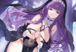 Rule 34 | 1girl, alternate costume, bare shoulders, black headwear, blunt bangs, breasts, commentary request, covered navel, detached collar, detached sleeves, fern (sousou no frieren), highres, large breasts, long hair, long sleeves, looking at viewer, machi (7769), nun, own hands together, pelvic curtain, purple eyes, purple hair, see-through midriff, solo, sousou no frieren, upper body, veil, wide sleeves
