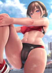 Rule 34 | 1girl, bad id, bad pixiv id, bare legs, black buruma, blue eyes, breasts, brown hair, buruma, cameltoe, cleft of venus, closed mouth, covered erect nipples, day, hair between eyes, highres, kase daiki, looking at viewer, medium breasts, mole, mole on thigh, mole under eye, navel, original, outdoors, red sports bra, shoes, short hair, solo, sports bra, standing, standing on one leg, stomach, sweat, tan, tanline, track uniform