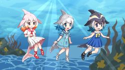 Rule 34 | 10s, 3girls, ankleband, ascot, bad id, bad nicoseiga id, black eyes, black footwear, blue dress, blue eyes, blue hair, blue sailor collar, bow, bowtie, chinese white dolphin (kemono friends), common bottlenose dolphin (kemono friends), common dolphin (kemono friends), dress, fins, fish tail, floating, footwear bow, frilled dress, frills, grey hair, head fins, kemono friends, light rays, multicolored hair, multiple girls, open mouth, orange hair, pink hair, pink sailor collar, red footwear, red neckwear, sailor collar, shoes, short sleeves, sleeveless, sleeveless dress, smile, submerged, sunbeam, sunlight, tail, fish tail, vostok (vostok061), white footwear, white hair, wristband, yellow neckwear