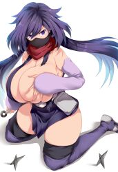 Rule 34 | 1girl, absurdres, ayame (gundam build divers), breasts, covering breasts, covering privates, deep skin, female focus, full body, grabbing own breast, gundam, gundam build divers, highres, holding, holding kunai, holding weapon, huge breasts, kneeling, kunai, looking at viewer, mask, matching hair/eyes, mouth mask, ninja, ninja mask, no bra, no panties, one breast out, purple eyes, purple hair, purple thighhighs, red scarf, scarf, shuriken, skindentation, solo, thick thighs, thighhighs, thighs, tsukasawa takamatsu, weapon, white background, wide hips, zettai ryouiki