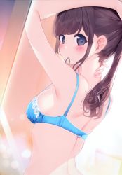 Rule 34 | 1girl, absurdres, arm up, bare arms, bare shoulders, blue bra, blue panties, blush, bra, breasts, brown hair, chikuwa., closed mouth, eyebrows hidden by hair, from behind, grey eyes, hair tie, hair tie in mouth, highres, long hair, looking at viewer, looking back, medium breasts, mirror, mouth hold, nail polish, non-web source, original, panties, pink nails, ponytail, reflection, scan, sidelocks, solo, tying hair, underwear, underwear only
