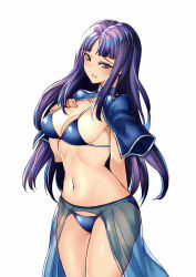 Rule 34 | 1girl, altina (fire emblem), bikini, blue bikini, blue eyes, breasts, cleavage, fire emblem, fire emblem: radiant dawn, kaorihero, large breasts, long hair, navel, nintendo, parted lips, purple hair, sarong, simple background, solo, standing, swimsuit, white background