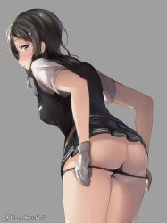 Rule 34 | 1girl, ass, bad id, bad pixiv id, black hair, black panties, black skirt, black vest, blush, breasts, brown eyes, butt crack, closed mouth, unworn clothes, cowboy shot, from behind, gloves, grey background, grey gloves, hair between eyes, hair ornament, hairclip, juurouta, kantai collection, leaning forward, long hair, looking at viewer, looking back, medium breasts, miniskirt, nose blush, oyashio (kancolle), panties, panty pull, pleated skirt, profile, pulling own clothes, shirt, short sleeves, simple background, skirt, solo, standing, thighs, twitter username, underwear, upskirt, vest, white shirt