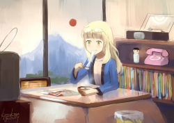 Rule 34 | 1girl, blonde hair, character doll, corded phone, eating, eyewear on head, food, heater, japanese clothes, kanokoga, kotatsu, long hair, mochi, perrine h. clostermann, phone, phonograph, sakamoto mio, solo, strike witches, table, television, turntable, wagashi, world witches series, yellow eyes