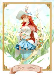 Rule 34 | 1girl, absurdres, blue choker, blue legwear, blue skirt, bow (weapon), breasts, brown hair, cape, card, character name, choker, detached sleeves, flower, hat, highres, holding, holding bow (weapon), holding weapon, little witch academia, medium breasts, navel, outdoors, red cape, red eyes, shiny chariot, skirt, smile, solo, standing, weapon, white hat, witch hat, zavir
