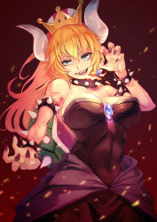 Rule 34 | 1girl, armlet, bare shoulders, black collar, black dress, blonde hair, blue eyes, blush, bowsette, bracelet, breasts, chest jewel, cleavage, collar, dress, high ponytail, horns, jewelry, large breasts, long hair, mario (series), new super mario bros. u deluxe, nintendo, sharp teeth, spiked armlet, spiked bracelet, spiked collar, spikes, super crown, teeth