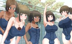 Rule 34 | 5girls, :d, armpits, autopaizuri, bar censor, black hair, blue one-piece swimsuit, blush, breasts, bulge, casual erection, censored, cleavage, covered testicles, dark-skinned female, dark skin, erection, erection under clothes, futanari, green eyes, green hair, hand on own hip, handsfree paizuri, highres, huge penis, large breasts, large penis, long hair, masturbation, multiple girls, one-piece swimsuit, open mouth, original, outdoors, paizuri, paizuri under clothes, penis, school swimsuit, shinshin (momomeitiko), short hair, side ponytail, small breasts, smile, swimsuit, testicles, twintails