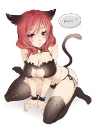 Rule 34 | 10s, 1girl, animal ear legwear, animal ears, bell, black panties, black thighhighs, blush, breasts, cat cutout, cat ear legwear, cat ear panties, cat ears, cat lingerie, cat tail, choker, cleavage, cleavage cutout, closed mouth, clothing cutout, jingle bell, large breasts, love live!, love live! school idol project, meme attire, neck bell, nishikino maki, panties, purple eyes, red hair, short hair, side-tie panties, simple background, solo, speech bubble, tail, ten-chan (eternal s), thighhighs, underwear, white background