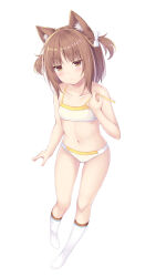 Rule 34 | 1girl, :&lt;, animal ear fluff, animal ears, azuki (nekopara), bare arms, bare shoulders, bow, bra, brown eyes, brown hair, cat ears, cat girl, cat tail, closed mouth, commentary, full body, hair bow, highres, kneehighs, looking at viewer, navel, nekopara, no shoes, panties, revision, sakuraba hikaru (loveindog), simple background, socks, solo, strap slip, tail, two side up, underwear, underwear only, white background, white bow, white bra, white panties, white socks