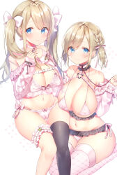 Rule 34 | 2girls, bikini, black thighhighs, blonde hair, blue eyes, blush, bow, bow panties, braid, breasts, cameltoe, chest harness, chest strap, collar, covered erect nipples, ear piercing, earrings, fishnet thighhighs, fishnets, frilled bikini, frills, hair bow, hands up, harness, heart-shaped lock, holding, holding own hair, jewelry, kneeling, konnyaku (yuukachan 51), large breasts, leash, long hair, long sleeves, looking at viewer, micro bikini, multiple girls, navel, off shoulder, original, panties, piercing, short hair, siblings, single thighhigh, sisters, sleeves past wrists, smile, strap slip, swimsuit, thigh strap, thighhighs, twins, twintails, underwear, white background