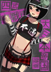 Rule 34 | 1girl, text background, belt, black belt, black choker, black hair, black shirt, black sleeves, black thighhighs, blunt bangs, blush, bob cut, chito (kehotank), choker, clenched hands, clothes writing, commentary request, cosplay, covenanter (kehotank), covenanter (kehotank) (cosplay), cowboy shot, crop top, detached sleeves, dutch angle, embarrassed, frown, garter straps, headgear, lace, lace-trimmed skirt, lace trim, microskirt, navel, open mouth, original, personification, plaid, plaid skirt, pleated skirt, print shirt, red skirt, shirt, short hair, short sleeves, skirt, solo, soumu (kehotank), standing, striped, striped sleeves, suspenders, t-shirt, thighhighs, translation request, type 4 chi-to (personification), w arms
